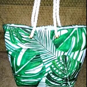 Weddingstar (Large) Green & White Botanical Leaf Canvas Beach Vacation Tote Bag